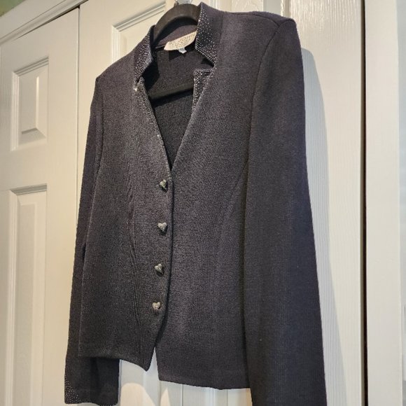 St. John Evening Maire Gray Black Princess Knit Jacket with Heart Buttons - Picture 7 of 9